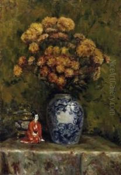 A Bouquet Of Asters In A Vase, Next To It Chinese Porcelain - view 1