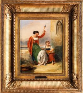 Zwei Junge Frauen Mit Einem Wickelkind An Einer Mauer by Joseph-Nicolas Robert-Fleury