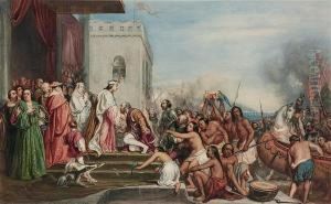 The Reception Of Christopher Columbus By King Ferdinand Ii And Queen Isabella Of Spain In Barcelona by Joseph-Nicolas Robert-Fleury