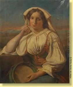 Joueuse De Tambourin Sur Fond De Paysage by Albert Pierre Roberti
