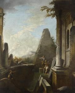 Figures Amongst Classical Ruins, With A Pyramid In The Distance by Domenico Roberti