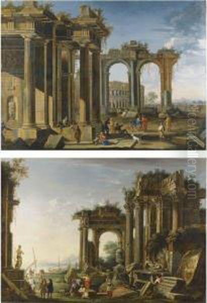 Capricci Of Roman Ruins With Soldiers And Merchants Conversing,the Colosseum And A Rocky Bay Beyond - view 1