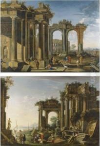 Capricci Of Roman Ruins With Soldiers And Merchants Conversing,the Colosseum And A Rocky Bay Beyond