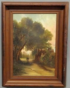 Woman Walking Under Overhanging Trees Andby A House by Elizabeth Wentworth Roberts