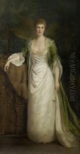 Portrait Of A Lady, Full Length Holding A Fan by Ellis William Roberts
