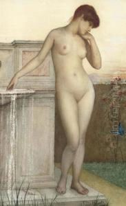 A Female Nude Standing By A Fountain by Ellis William Roberts
