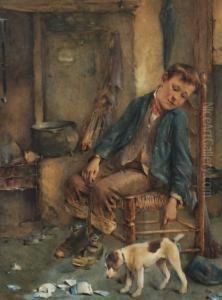'realization', A Young Boy And Puppy Seated By A Fireside