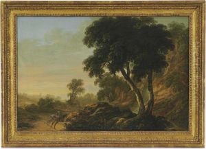 A Wooded Landscape With A Waterfall Possibly At Powerscourt And Riders On A Path In The Foreground by Thomas Roberts
