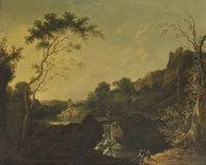 Boys Fishing By A Wooded River Falls With Distant Castle by Thomas Roberts