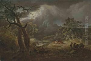 A Stormy River Landscape, With Herdsmen
