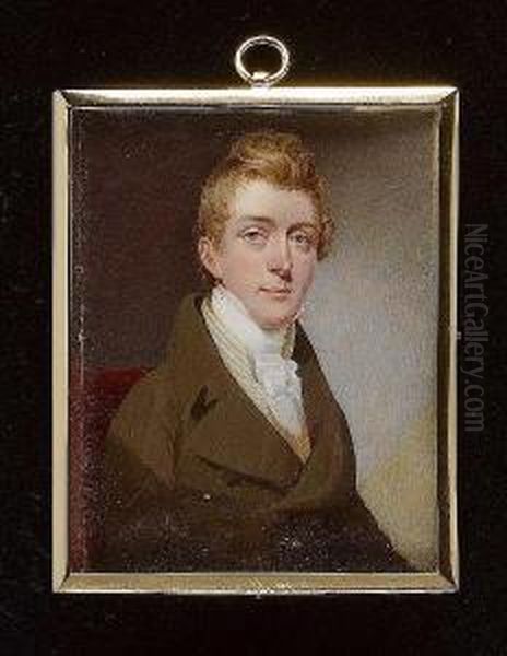 A Gentleman, Wearing Khaki Green Coat, Cream And Blue Striped Waistcoat, Frilled White Chemise And Stock. - view 1