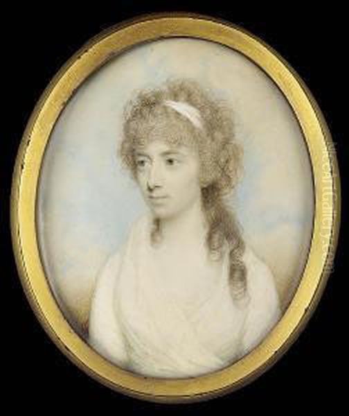 Sarah Anne (nee Child), Countess Of Westmorland, Wearing White Dress And Matching Bandeau In Her Long Powdered Hair, Curled And Falling Over Her Left Shoulder - view 1