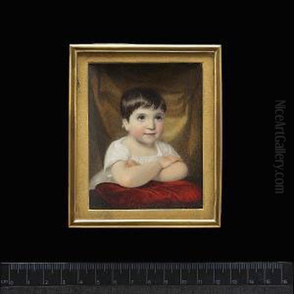 Fanny Maria Anderson, Aged Four Years, Wearing White Dress And Leaning, With Folded Arms On A Red Cushion, Dark Cream Curtain Background. - view 1