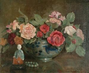Still Life Of Flowers And Ceramic Figurine