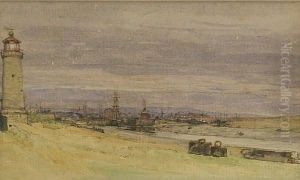 River Estuary With Lighthouse, Possibly The Orwell by Henry Robertson