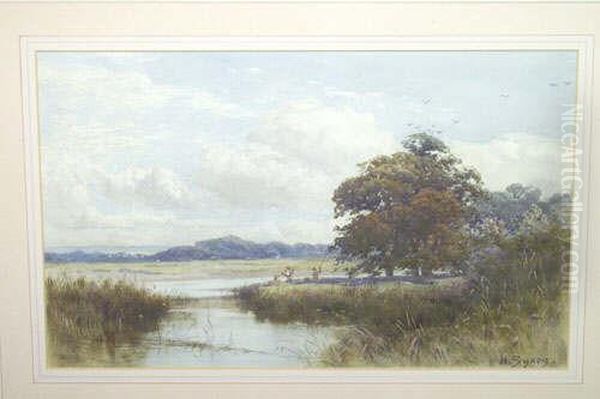 Kes R.b.a. Summer Landscape With Figures Fishing Beside A River Signed - view 1
