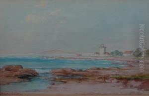 Seascape From Rocky Shore With Buildings Before A Distant Mountain
Range by James Mcculloch Robertson