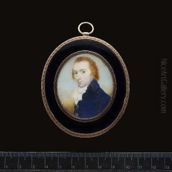 A Young Gentleman, Wearing Blue Coat With Brass Buttons And Tied White Cravat With Tassels. - view 1