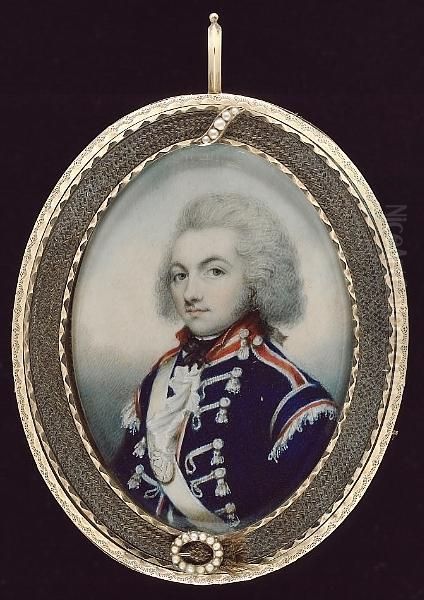 An Officer Of The 8th King's Own Royal Irish Light Dragoons, Wearing Blue Uniform, With Red Facings, Silver Lace And Wings, His Shoulder Belt Featuring A Harp, His Hair Powdered And Worn - view 1
