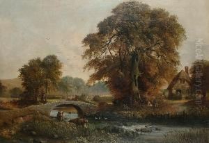 A Landscape With Cattle By A Bridge, A Cottage With Figures On The Far Bank by Henry Robins