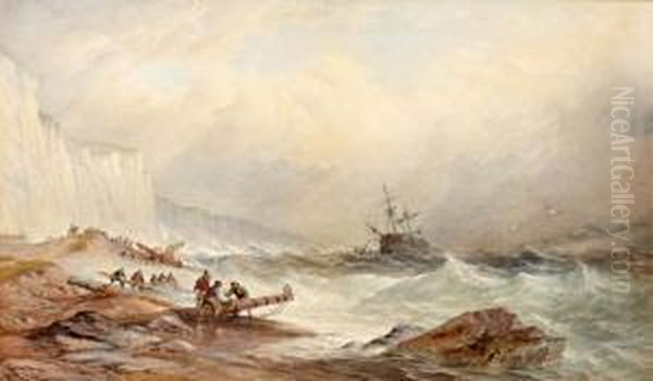 A Coastal Scene, Salvagers At Work Below Chalk Cliffs, A Ship In Distress Nearby - view 1