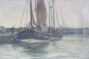 Harbour Scenewith Figures And Fishing Boats by Harry W. Robinson