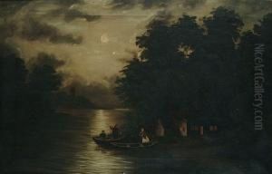 A Moonlit River With A Ferry Landing Passengers By A Cottage