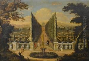 A Formal House And Garden With Elegant Figures Resting Beside A Fountain Before An Avenue Of Cypress Trees