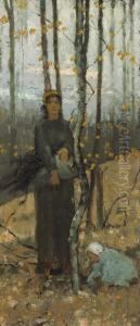 Woman And Child In Wooded Landscape by Theodore Robinson