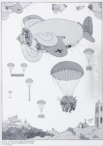 Enemy Planes Disguised As Barrage Balloonslanding Paratroops During An Invasion - view 1