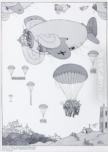 Enemy Planes Disguised As Barrage Balloonslanding Paratroops During An Invasion by William Heath Robinson