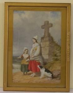 Young Girls And A Dog Beside A Stone Cross On A Sea Shore