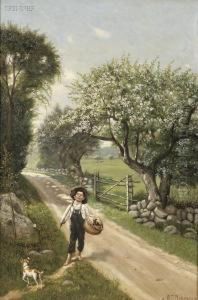 Fisherboy On A Country Path In Spring by William T. Robinson