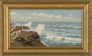 Seascape With Rocky Coastline And Distant Sailboats by William T. Robinson