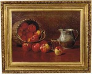 Still Life Of A Basket Of Apples With A Pitcher And Glass On A Table by Robinson Wood Harriette