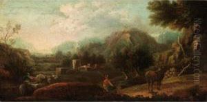 Extensive Mountainous Landscape With Drovers And Their Animals In The Foreground, A Village Beyond