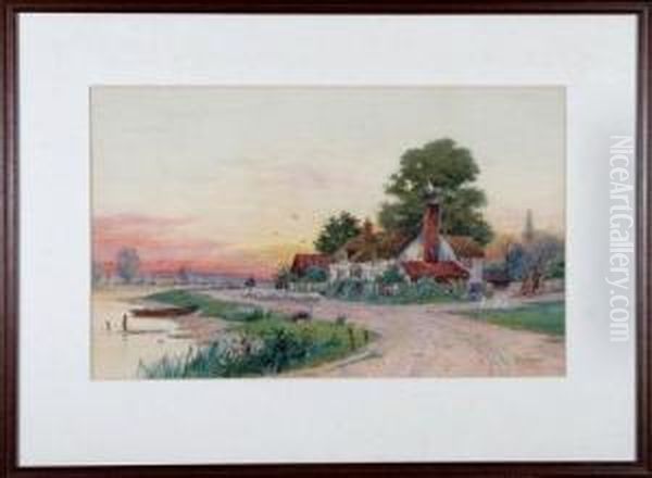 A Thatched Cottage At Sunset With A Shepherd And Flock In The Foreground - view 1