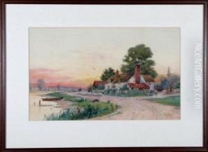 A Thatched Cottage At Sunset With A Shepherd And Flock In The Foreground by Featherstone Robson