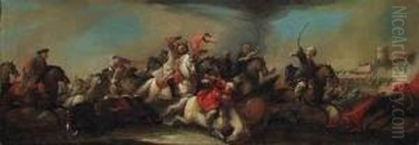 A Cavalry Battle Between Christians And Turks, A Fortressbeyond - view 1