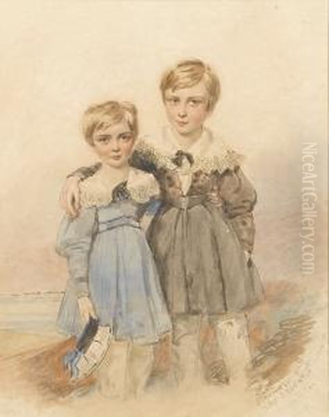 Two Young Boys, The One On The Left Wearingblue Smock With Puffed Sleeves And White Lace Falling Collar Tiedwith A Black Bow Over White Trousers, A White Sailor Cap With Blueribbons Held In His Left Hand, The One On The Right Wearing Brownsmock With Butto - view 1