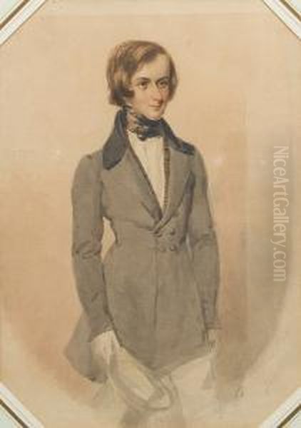 A Gentleman, Wearing Double-breasted Greyfrock Coat With Black Collar Over Brown Waistcoat And White Shirtwith High Tied Stock And Trousers, Holding A Top Hat In His Lefthand. - view 1