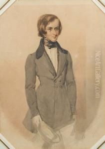 A Gentleman, Wearing Double-breasted Greyfrock Coat With Black Collar Over Brown Waistcoat And White Shirtwith High Tied Stock And Trousers, Holding A Top Hat In His Lefthand.