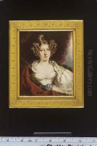 A Pair Of Portraits Of George And Margaret Ann Rennie: He, Wearing Black Coat, Matching Waistcoat, Frilled White Chemise And Tied Stock, A Book Beside His Right Arm, Red Curtain And Balustrade Background; She, Wearing Decollete White Dress With Jewel At H