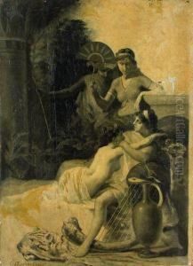 Couple Alangui Sur Une Peau De Fauve Pres D'une Harpe