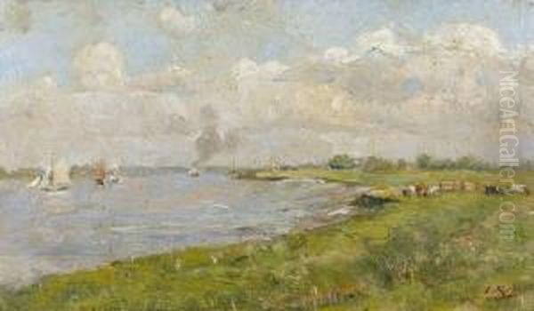 Flussuferpartie Mit Weidenden Kuhen Und Segelbooten - view 1