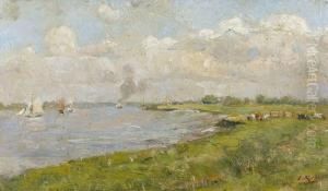 Flussuferpartie Mit Weidenden Kuhen Und Segelbooten Flussuferpartie Mit Weidenden Kuhen Und Segelbooten