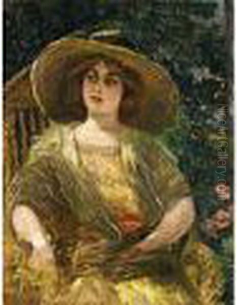 Dame Mit Weitem Strohhut In Einer Laube - view 1