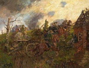 Reitergefecht Vor Zerschossenen Hausern by Theodor Rocholl