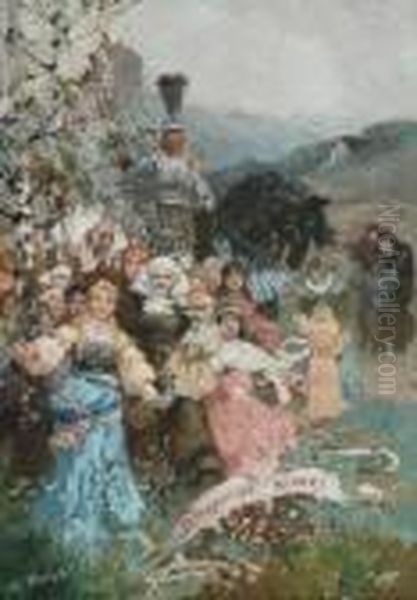 "ruhmreiche Berge". Knight And Traditionally Dressed Girl In A Hilly Landscape. Illustration. Signed Lower Left: Th. Rocholl - view 1