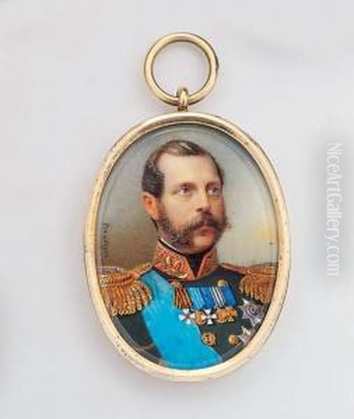 Tsar Alexander Ii Of Russia (1818-1881), Facing Right In Black Uniform With Gold-embroidered Red Collar And Gold Epaulettes, Wearing The Blue Moire Silk Sash And Star Of The Imperial Russian Order Of St. Andrew, And Other Numerous Decorations, Including T - view 1